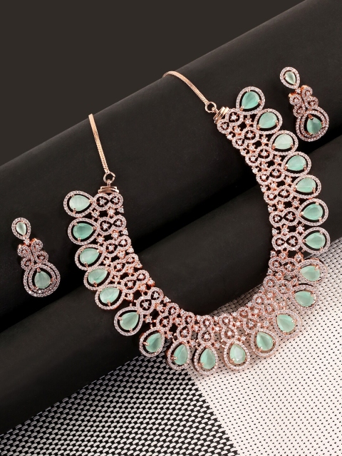 

Voylla Rose Gold & Green CZ- Studded Brass Rose Gold-Plated Antique Necklace Set