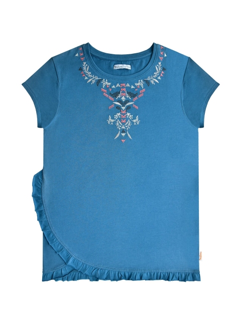 

milou Girls Blue Regular Embroidered Ruffle Top