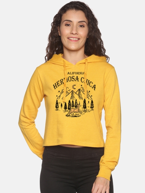 

BEVERLY BLUES Women Yellow Printed Hooded Sweatshirt