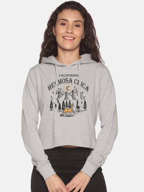 

BEVERLY BLUES Women Grey Printed Hooded Sweatshirt