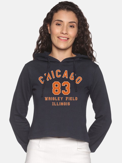 

BEVERLY BLUES Women Navy Blue Printed Hooded Sweatshirt