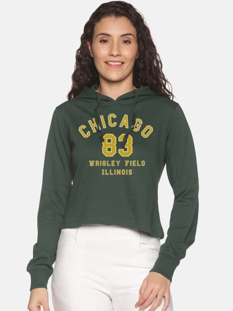 

BEVERLY BLUES Women Green Printed Hooded Sweatshirt