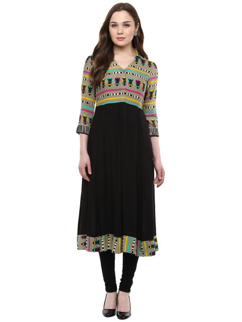 

StyleStone Women Beige & Black Ethnic Motifs Printed Pure Cotton Kurta