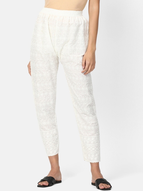 

V2 Value & Variety Women Cream-Coloured Floral Embroidered Tapered Fit Ethnic Trousers