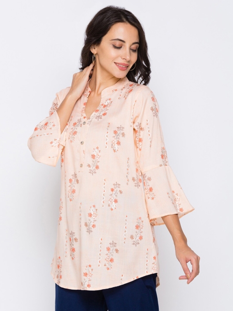 

TANKHI Peach-Coloured & Orange Viscose Rayon Mandarin Collar Printed Tunic