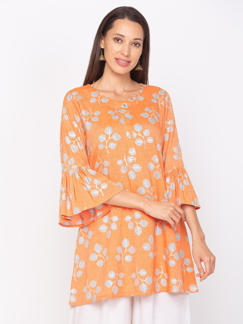 

TANKHI Orange & Silver-Toned Viscose Rayon Printed Tunic