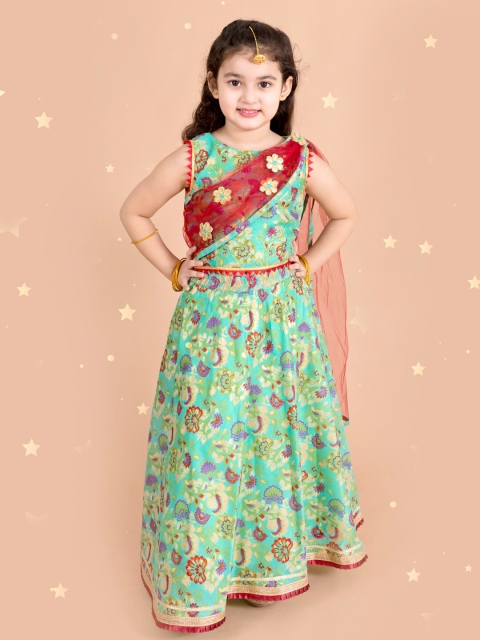

pspeaches Girls Green & Red Printed Ready to Wear Lehenga & Blouse With Dupatta