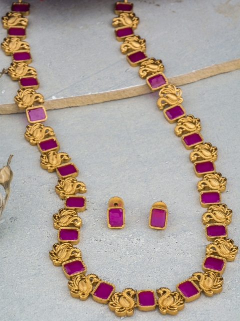 

Alankruthi Gold-Plated Pink Stone-Studded Temple Jewellery Set