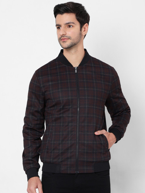 

Mufti Men Burgundy Checked Bomber Jacket