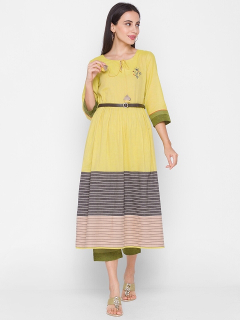 

ZOLA Women Green Striped Regular Pure Cotton Kurta with Culotte