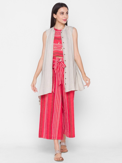 

ZOLA Women Cream-Coloured & Pink Cotton Printed Top with Palazzos & Shrug