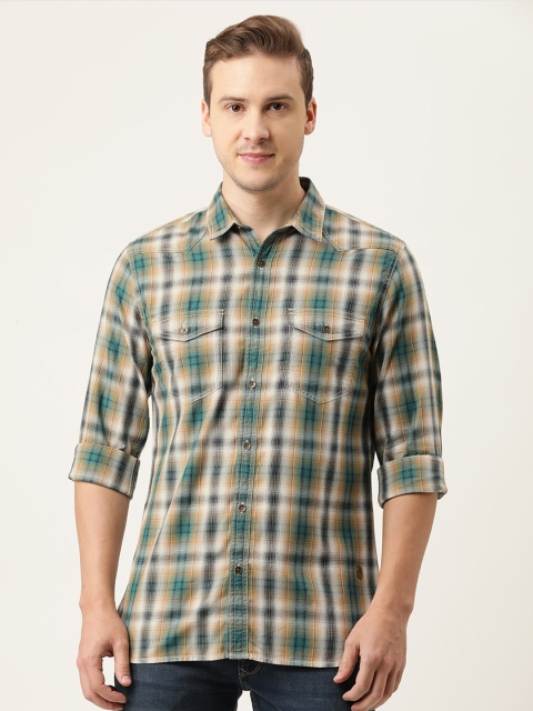 

Peter England Casuals Men Teal Blue & Khaki Slim Fit Tartan Checked Cotton Casual Shirt