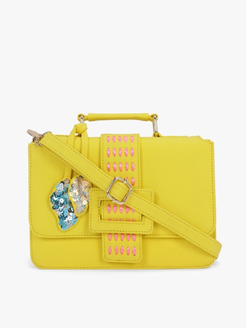 

Vdesi Yellow Structured Satchel with Cut Work