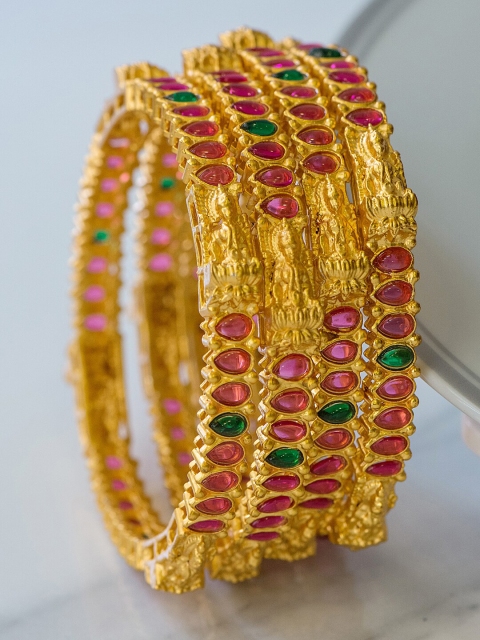 

Alankruthi Set Of 4 Gold-Plated Pink & Green Stone-Studded Temple Bangles
