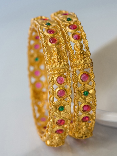 

Alankruthi Set Of 2 Gold-Plated Pink & Green Stone-Studded Handcrafted Bangles