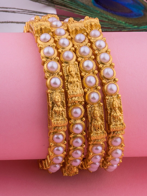 

Alankruthi Set Of 4 Gold-Plated White Pearl-Studded Temple Bangles