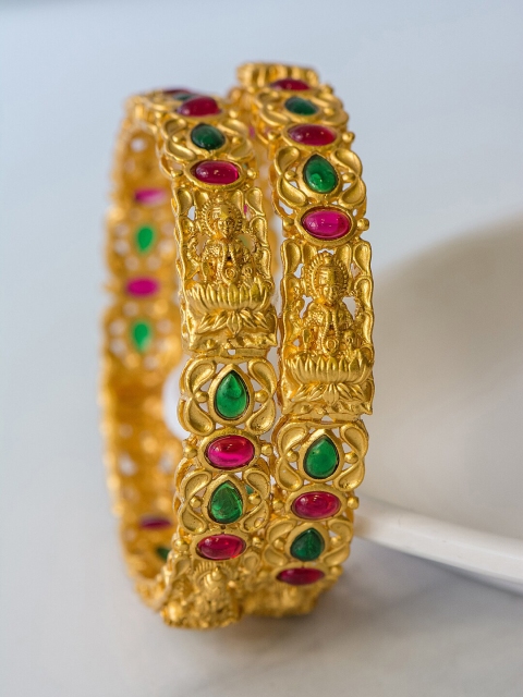 

Alankruthi Set Of 2 Gold-Plated Pink & Green Stone-Studded Handcrafted Bangles
