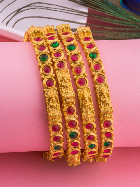 

Alankruthi Set Of 4 Gold-Plated Green Stones-Studded Bangles