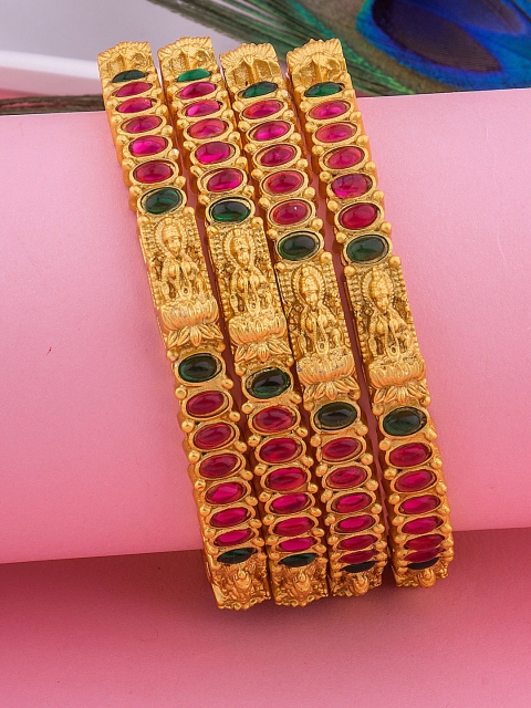 

Alankruthi Set Of 4 Gold-Plated Pink & Green Stone-Studded Temple Bangles