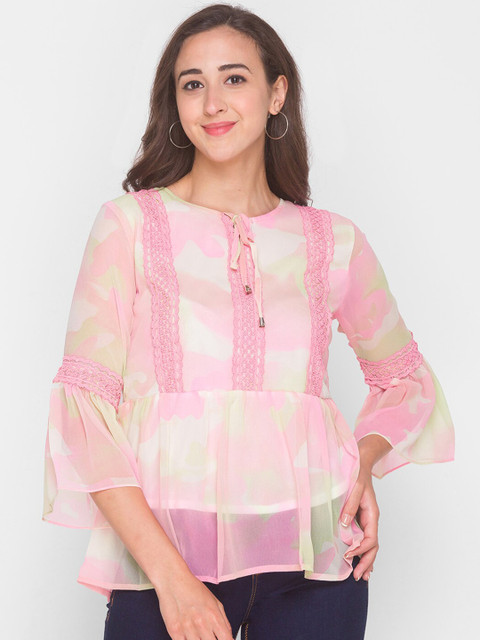 

ZOLA Pink Geometric Tie-Up Neck Peplum Top