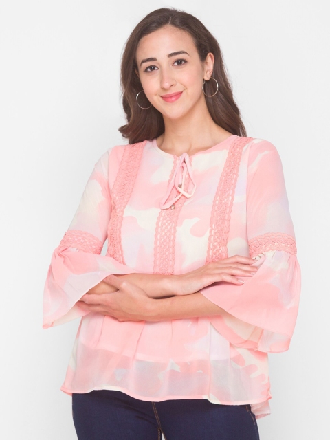 

ZOLA Peach-Coloured Geometric Tie-Up Neck Regular Top