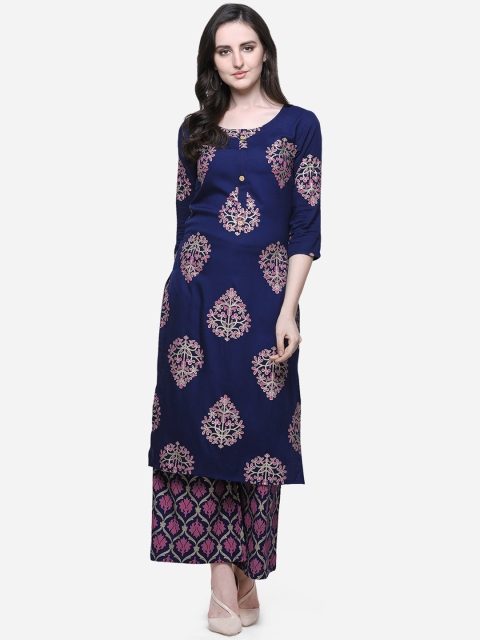 

Mirchi Fashion Women Navy Blue Ethnic Motifs Printed Regular Kurta with Palazzos
