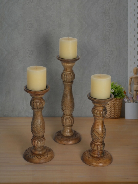 

Fos Lighting Set of 3 Wooden Pillar Candle Holders, Brown