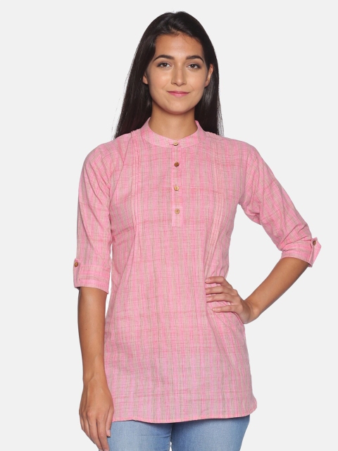 

SAHORA Pink & Beige Mandarin Collar Striped Pleated Pure Cotton Tunic