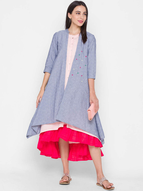 

ZOLA Peach-Coloured & Blue Layered A-Line Midi Dress