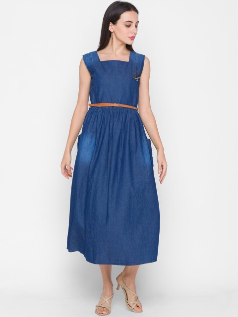 

ZOLA Navy Blue Denim Fit & Flare Midi Dress with Belt