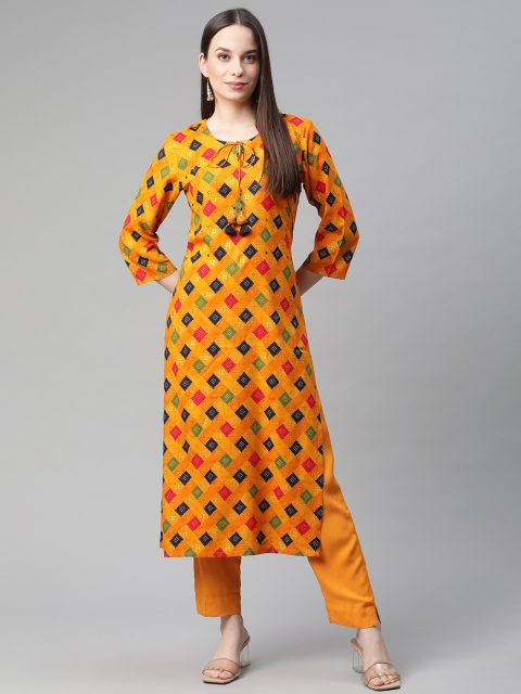 

PIROH Women Mustard Yellow Geometric Printed Keyhole Neck Kurta