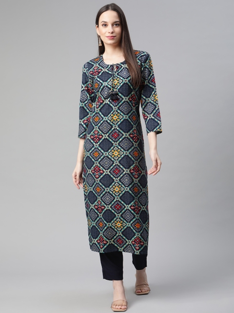 

PIROH Women Blue Geometric Printed Keyhole Neck Kurta