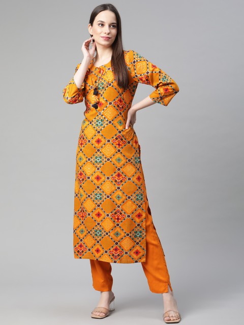 

PIROH Women Mustard Yellow Geometric Printed Keyhole Neck Kurta