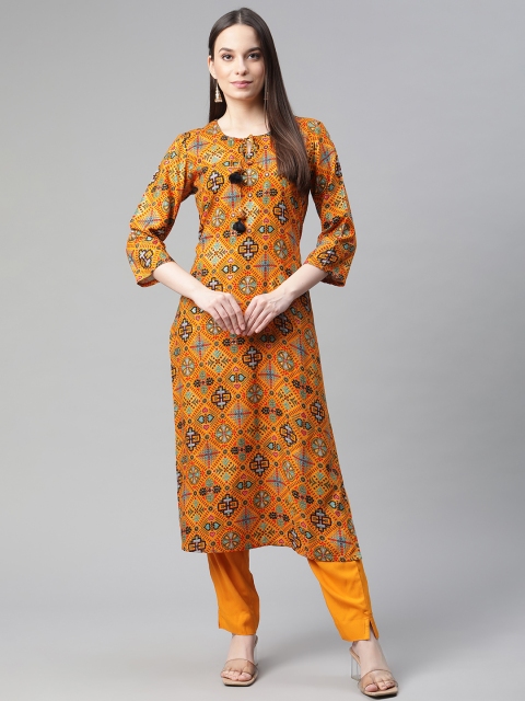 

PIROH Women Mustard Yellow Geometric Printed Keyhole Neck Kurta