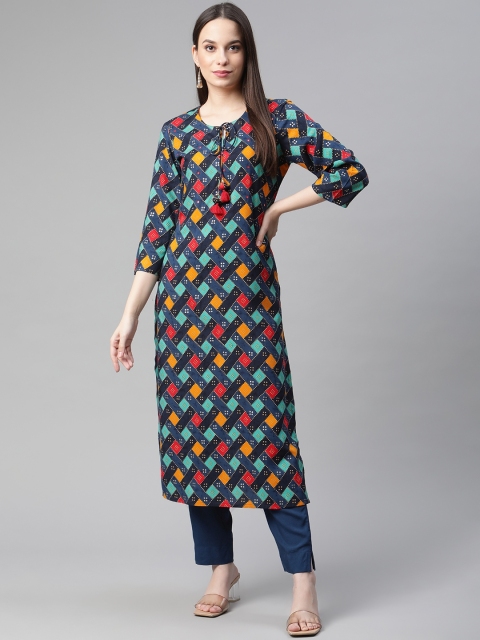 

PIROH Women Blue Geometric Printed Keyhole Neck Kurta
