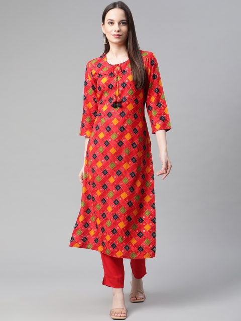 

PIROH Women Red Geometric Printed Keyhole Neck Kurta