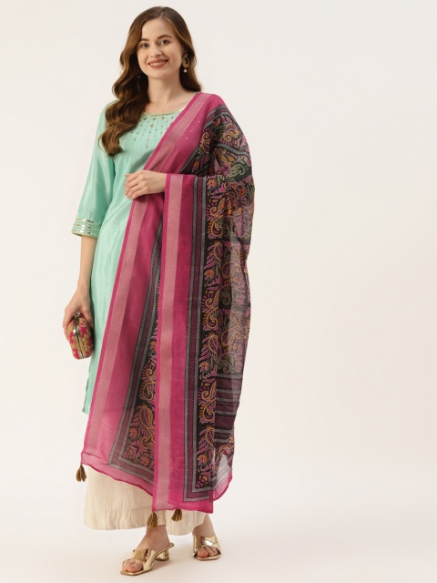 

Molcha Pink & Black Ethnic Motifs Woven Design Dupatta with Kantha Work