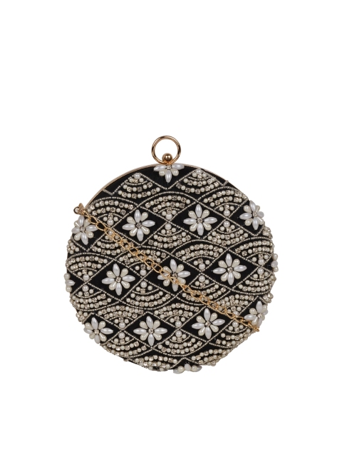 

HORRA Black & Gold-Toned Pearl Embellished Box Clutch