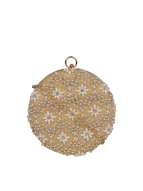 

HORRA Gold-Toned & White Embellished Embroidered Box Clutch