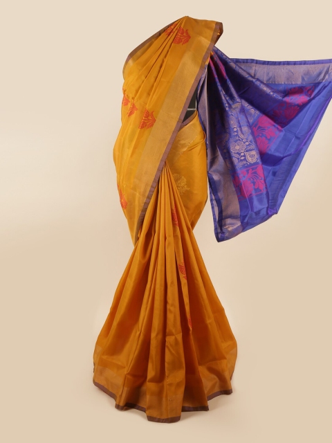 

Pothys Mustard & Blue Floral Zari Pure Silk Saree