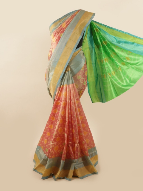 

Pothys Peach-Coloured & Green Ethnic Motifs Zari Pure Silk Saree