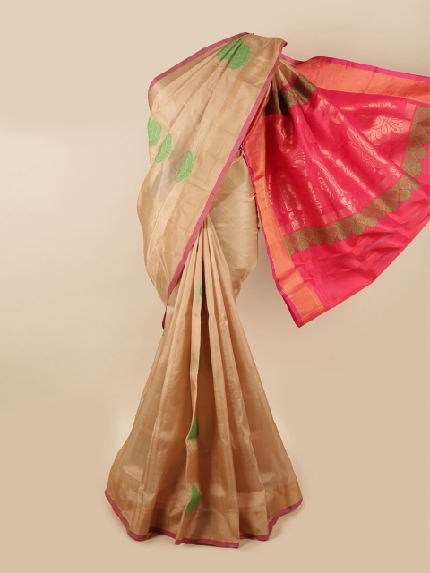 

Pothys Cream-Coloured & Pink Ethnic Motifs Zari Pure Silk Saree