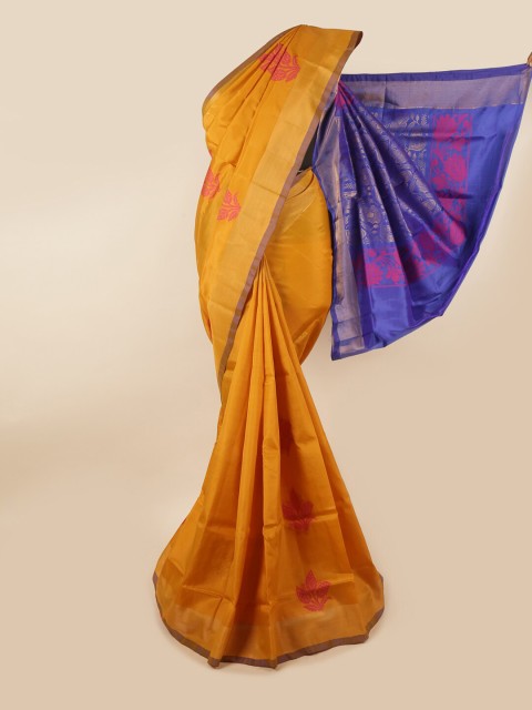 

Pothys Mustard Yellow & Violet Ethnic Motifs Zari Pure Silk Saree