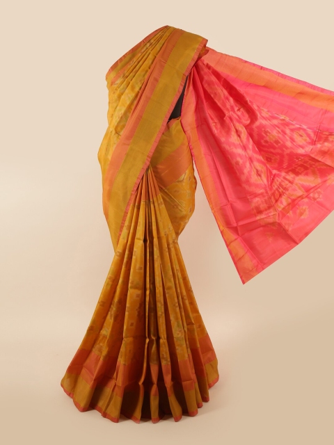 

Pothys Mustard Yellow & Pink Ethnic Motifs Zari Pure Silk Saree