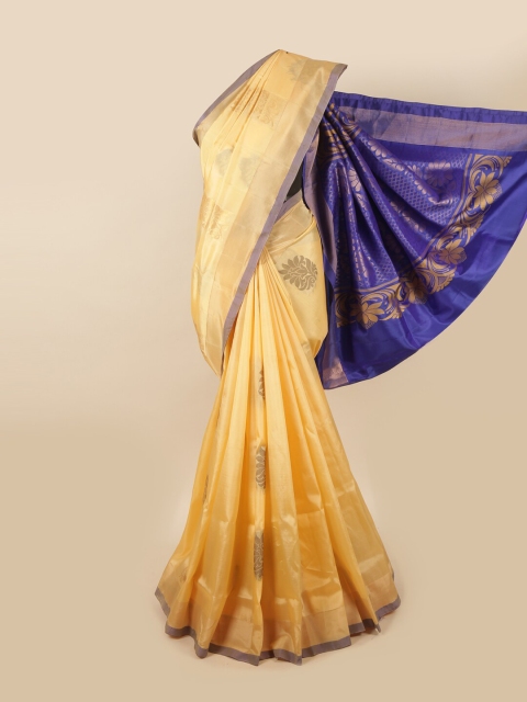 

Pothys Cream-Coloured & Blue Ethnic Motifs Zari Pure Silk Saree