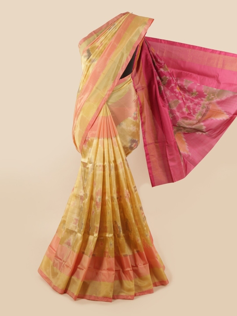 

Pothys Cream-Coloured & Pink Batik Zari Pure Silk Saree