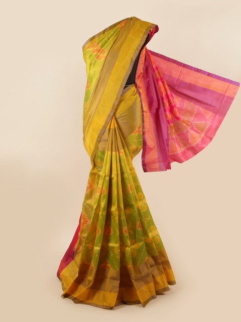 

Pothys Green & Red Zari Pure Silk Ikat Saree