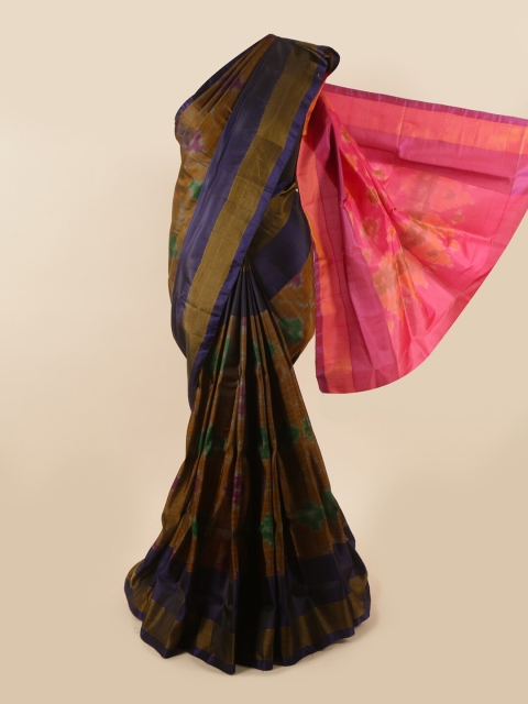 

Pothys Brown & Navy Blue Zari Pure Silk Ikat Saree