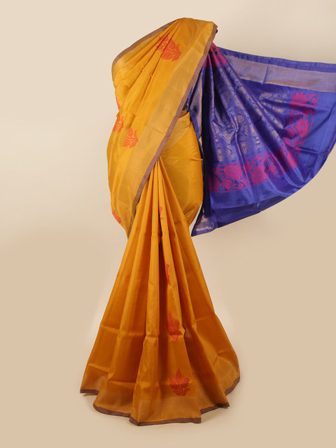 

Pothys Mustard & Violet Ethnic Motifs Zari Pure Silk Saree
