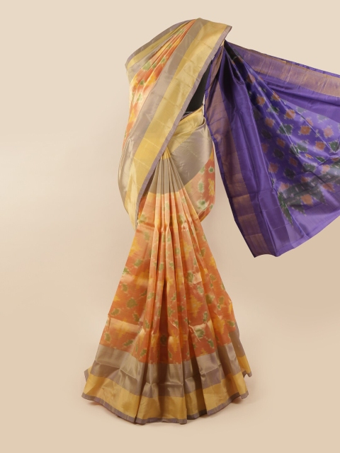 

Pothys Peach-Coloured & Blue Zari Pure Silk Ikat Saree